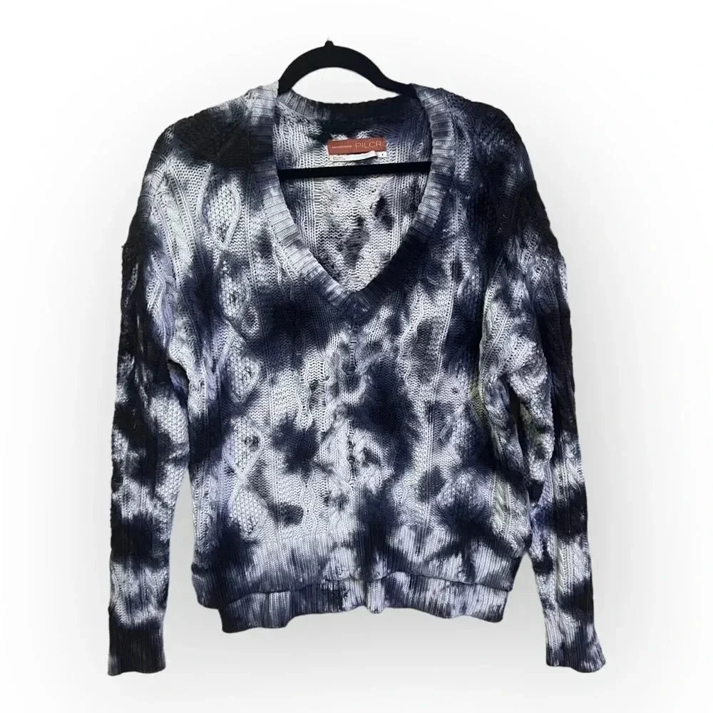 Anthropologie‎ Pilcro Joni Blue Shibori Tie Dye Cable Knit Sweater Sz S Coastal